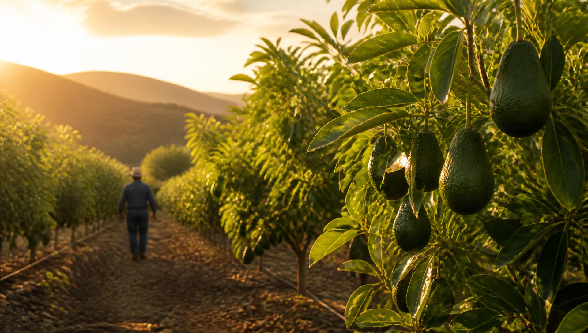 Avocado orchard at golden hour with a farmer walking between the rows