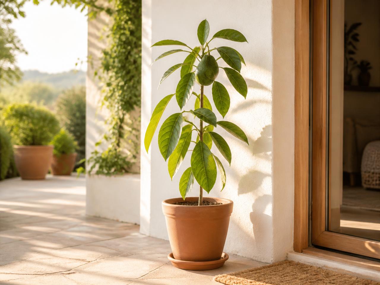 A young avocado tree in a terracotta pot on a sunlit home patio